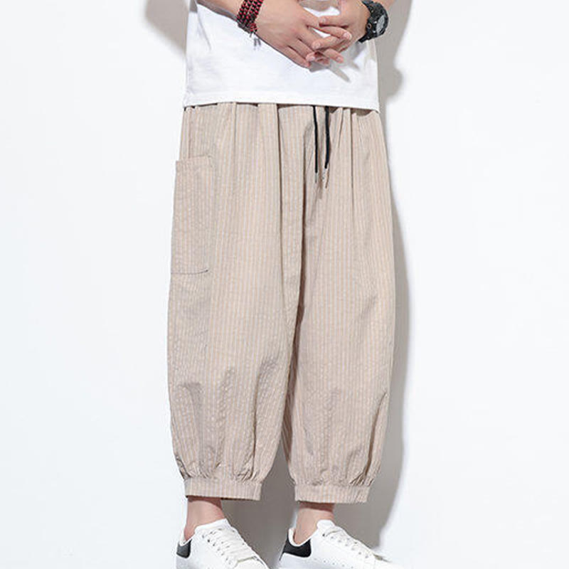 Pantalones harén de algodón a rayas para hombre, estilo casual, de Buddha Stones, con bolsillos, de largo 7-8 - image 5