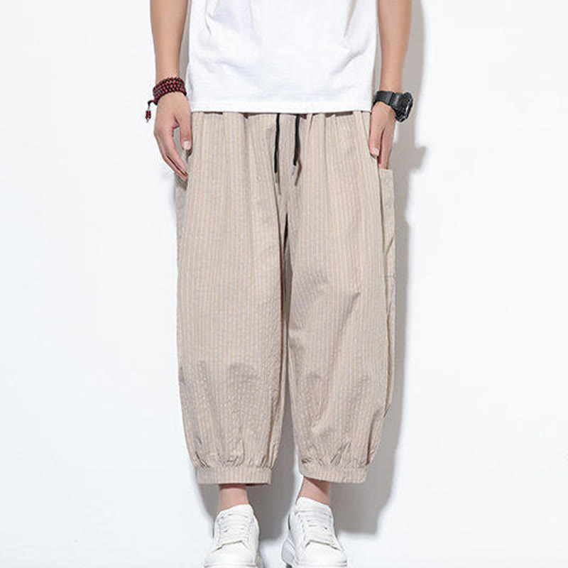 Pantalones harén de algodón a rayas para hombre, estilo casual, de Buddha Stones, con bolsillos, de largo 7-8 - image 4