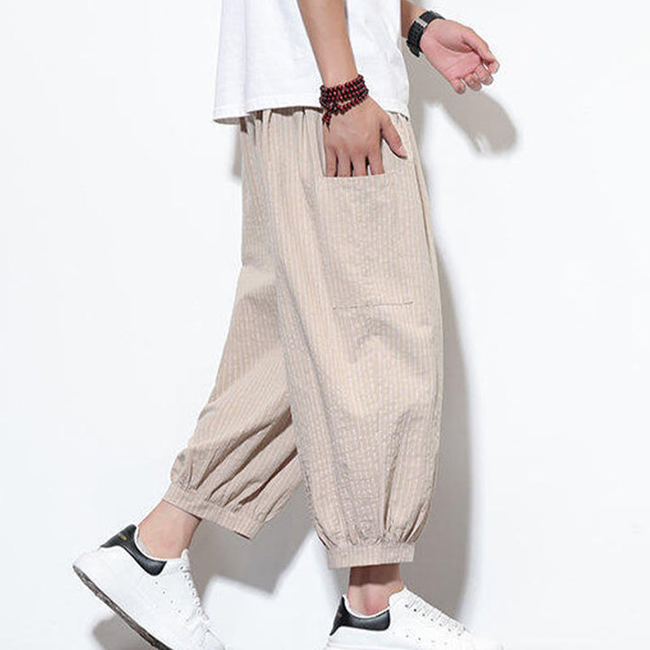 Pantalones harén de algodón a rayas para hombre, estilo casual, de Buddha Stones, con bolsillos, de largo 7-8 - image 3