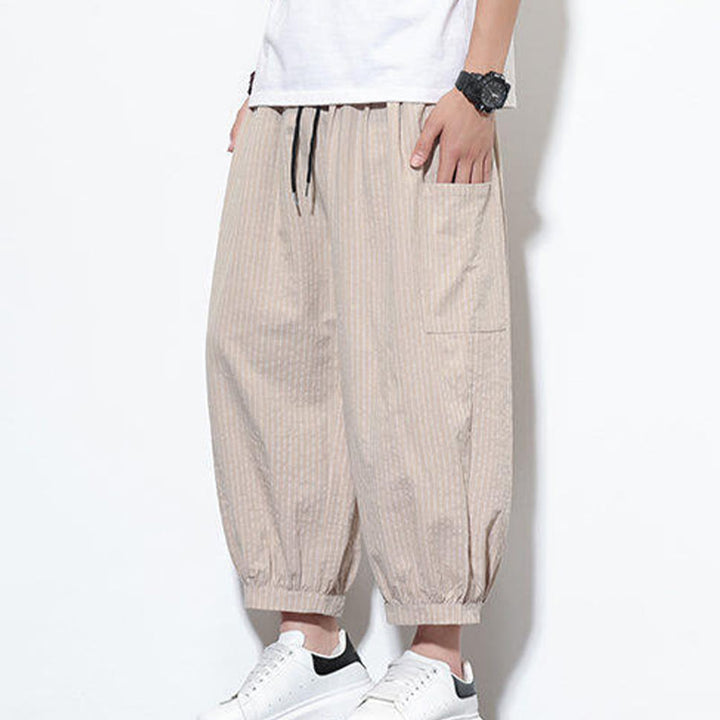 Pantalones harén de algodón a rayas para hombre, estilo casual, de Buddha Stones, con bolsillos, de largo 7-8 - image 4