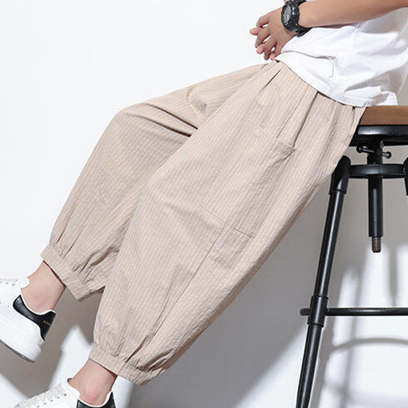 Pantalones harén de algodón a rayas para hombre, estilo casual, de Buddha Stones, con bolsillos, de largo 7-8 - image 8