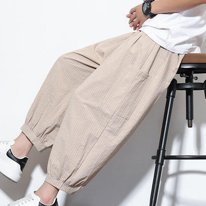 Pantalones harén de algodón a rayas para hombre, estilo casual, de Buddha Stones, con bolsillos, de largo 7-8 - image 8