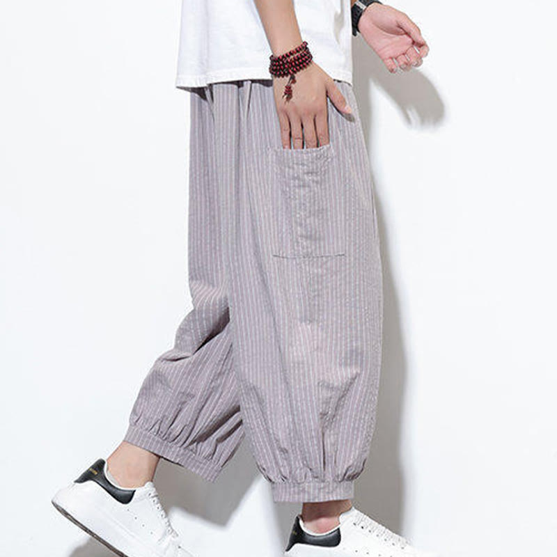 Pantalones harén de algodón a rayas para hombre, estilo casual, de Buddha Stones, con bolsillos, de largo 7-8 - image 20