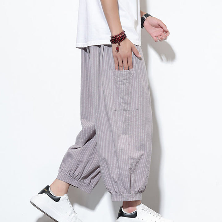 Pantalones harén de algodón a rayas para hombre, estilo casual, de Buddha Stones, con bolsillos, de largo 7-8 - image 18