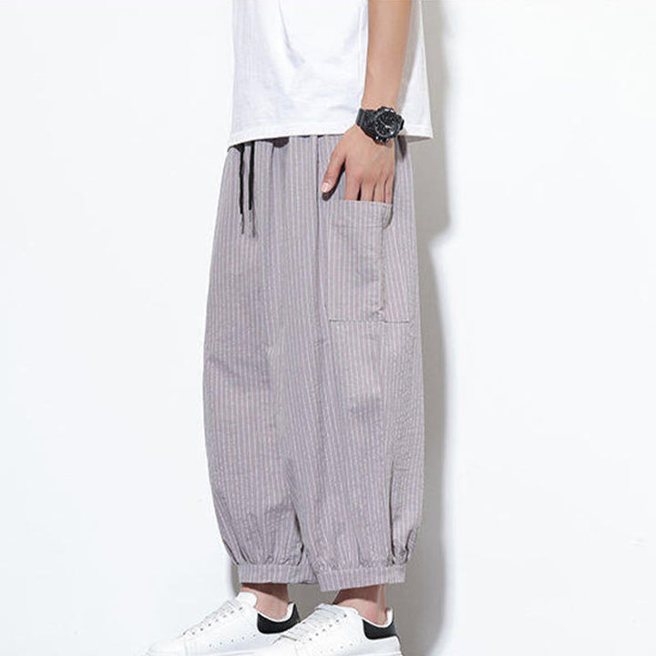 Pantalones harén de algodón a rayas para hombre, estilo casual, de Buddha Stones, con bolsillos, de largo 7-8 - image 12