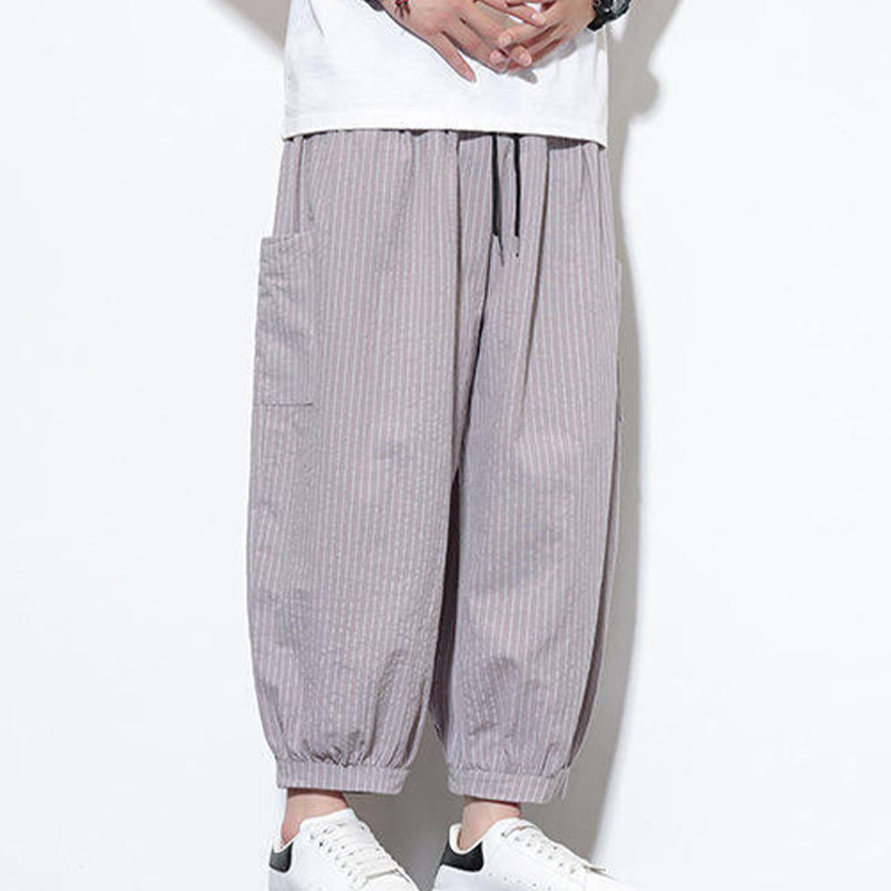 Pantalones harén de algodón a rayas para hombre, estilo casual, de Buddha Stones, con bolsillos, de largo 7-8 - image 11