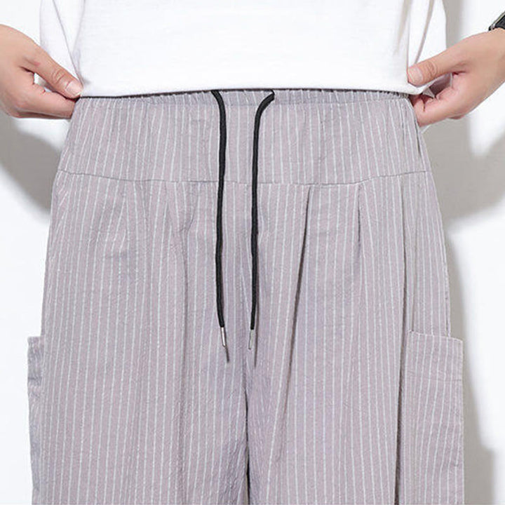 Pantalones harén de algodón a rayas para hombre, estilo casual, de Buddha Stones, con bolsillos, de largo 7-8 - image 19