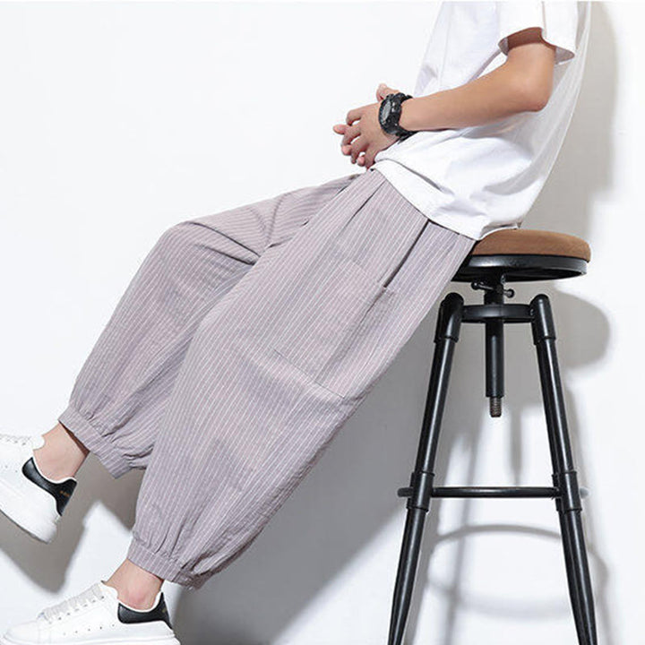 Pantalones harén de algodón a rayas para hombre, estilo casual, de Buddha Stones, con bolsillos, de largo 7-8 - image 20