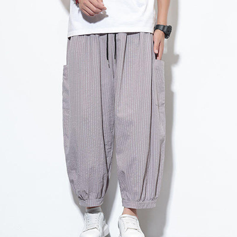 Pantalones harén de algodón a rayas para hombre, estilo casual, de Buddha Stones, con bolsillos, de largo 7-8 - image 16