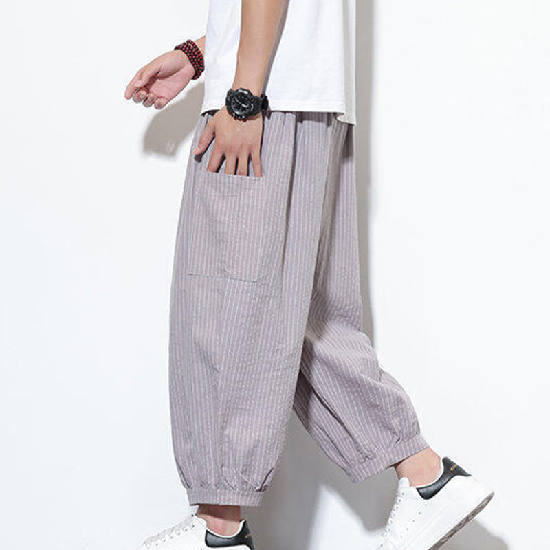 Pantalones harén de algodón a rayas para hombre, estilo casual, de Buddha Stones, con bolsillos, de largo 7-8 - RosyBrown - US/UK/AU46, EU56 (5XL) - image 9
