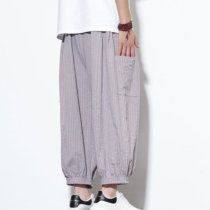 Pantalones harén de algodón a rayas para hombre, estilo casual, de Buddha Stones, con bolsillos, de largo 7-8 - image 9
