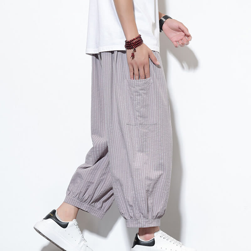 Pantalones harén de algodón a rayas para hombre, estilo casual, de Buddha Stones, con bolsillos, de largo 7-8 - image 17