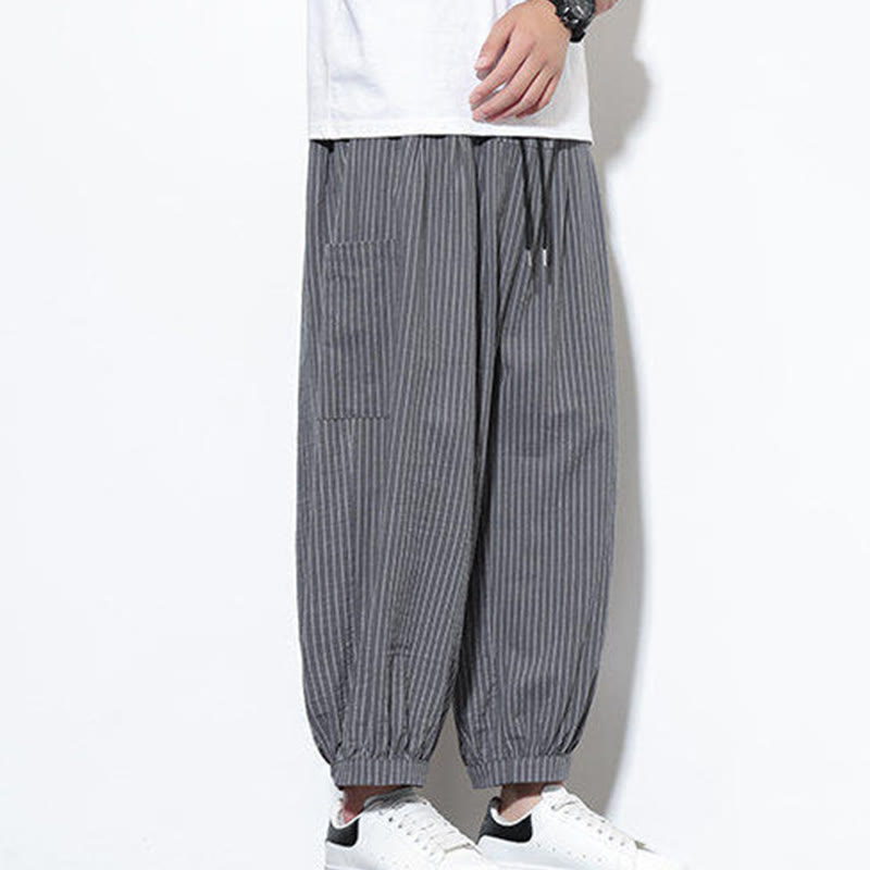 Pantalones harén de algodón a rayas para hombre, estilo casual, de Buddha Stones, con bolsillos, de largo 7-8 - image 23