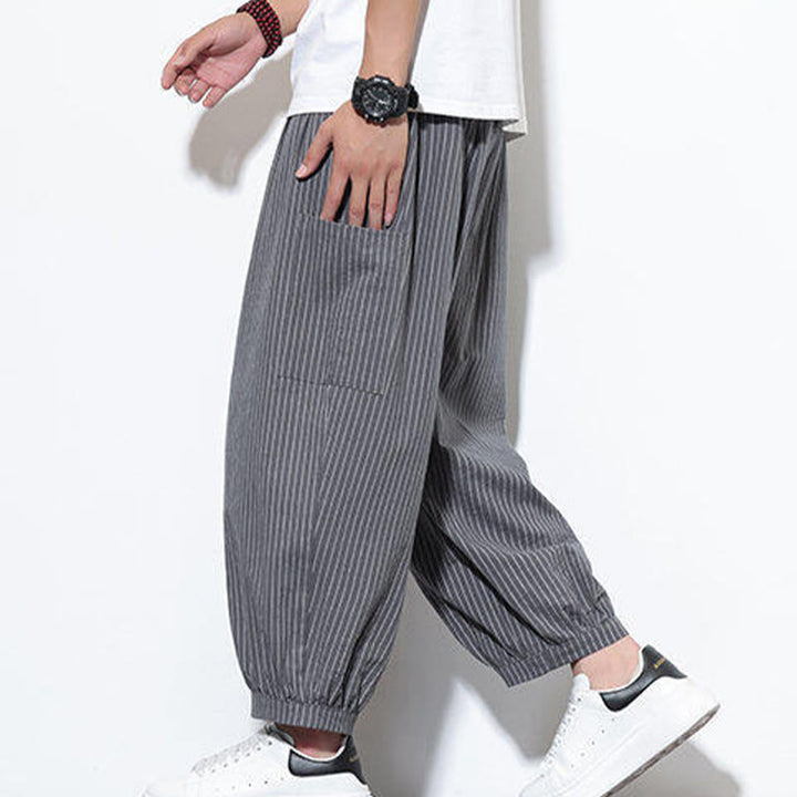 Pantalones harén de algodón a rayas para hombre, estilo casual, de Buddha Stones, con bolsillos, de largo 7-8 - Gris - US/UK/AU46, EU56 (5XL) - image 21