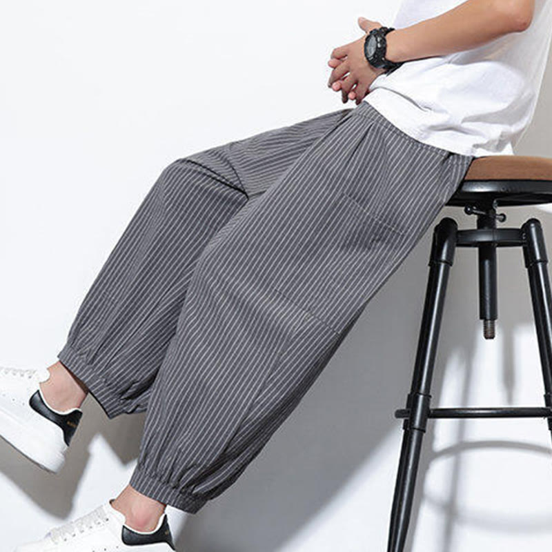 Pantalones harén de algodón a rayas para hombre, estilo casual, de Buddha Stones, con bolsillos, de largo 7-8 - image 29