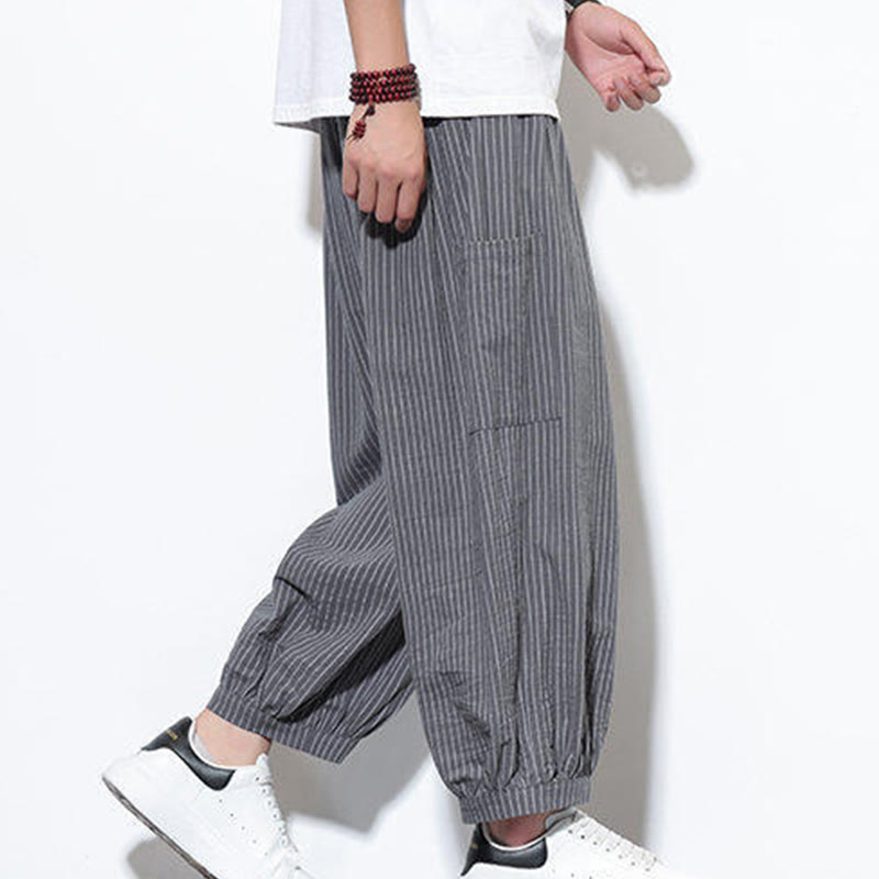 Pantalones harén de algodón a rayas para hombre, estilo casual, de Buddha Stones, con bolsillos, de largo 7-8 - image 26