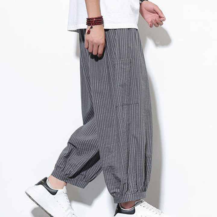 Pantalones harén de algodón a rayas para hombre, estilo casual, de Buddha Stones, con bolsillos, de largo 7-8 - image 26