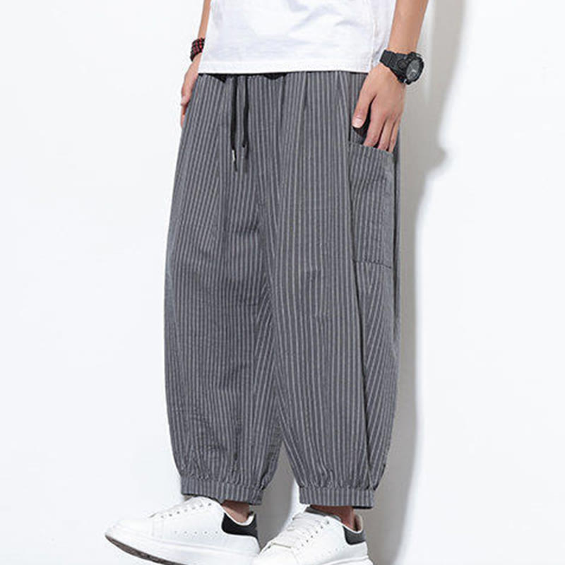 Pantalones harén de algodón a rayas para hombre, estilo casual, de Buddha Stones, con bolsillos, de largo 7-8 - image 24