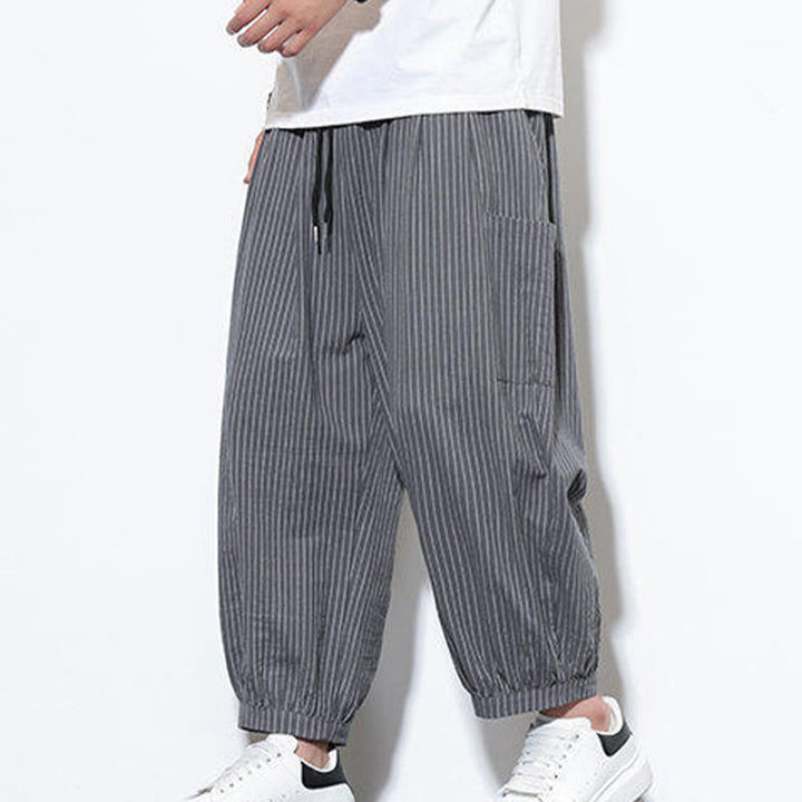 Pantalones harén de algodón a rayas para hombre, estilo casual, de Buddha Stones, con bolsillos, de largo 7-8 - image 26