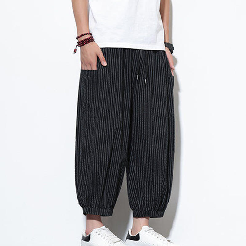 Pantalones harén de algodón a rayas para hombre, estilo casual, de Buddha Stones, con bolsillos, de largo 7-8 - image 32