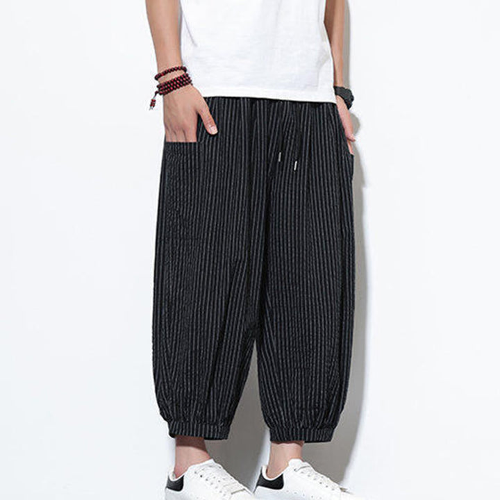 Pantalones harén de algodón a rayas para hombre, estilo casual, de Buddha Stones, con bolsillos, de largo 7-8 - image 32