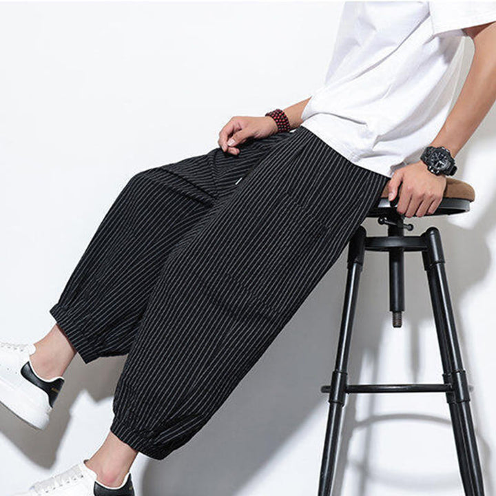 Pantalones harén de algodón a rayas para hombre, estilo casual, de Buddha Stones, con bolsillos, de largo 7-8 - image 36