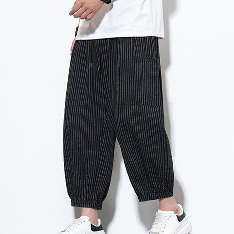 Pantalones harén de algodón a rayas para hombre, estilo casual, de Buddha Stones, con bolsillos, de largo 7-8 - image 32