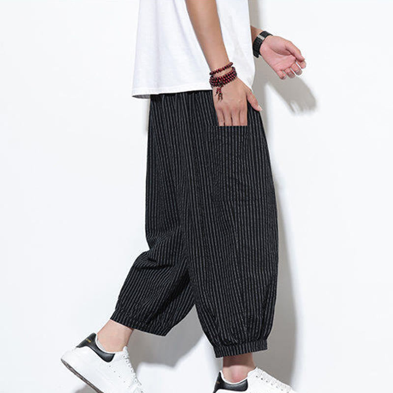 Pantalones harén de algodón a rayas para hombre, estilo casual, de Buddha Stones, con bolsillos, de largo 7-8 - image 36
