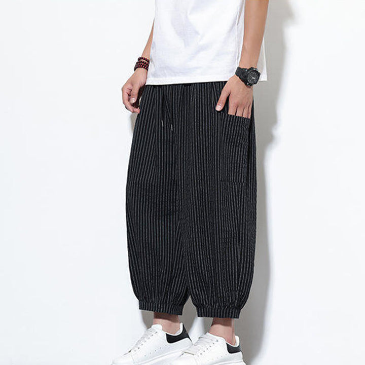 Pantalones harén de algodón a rayas para hombre, estilo casual, de Buddha Stones, con bolsillos, de largo 7-8 - image 34