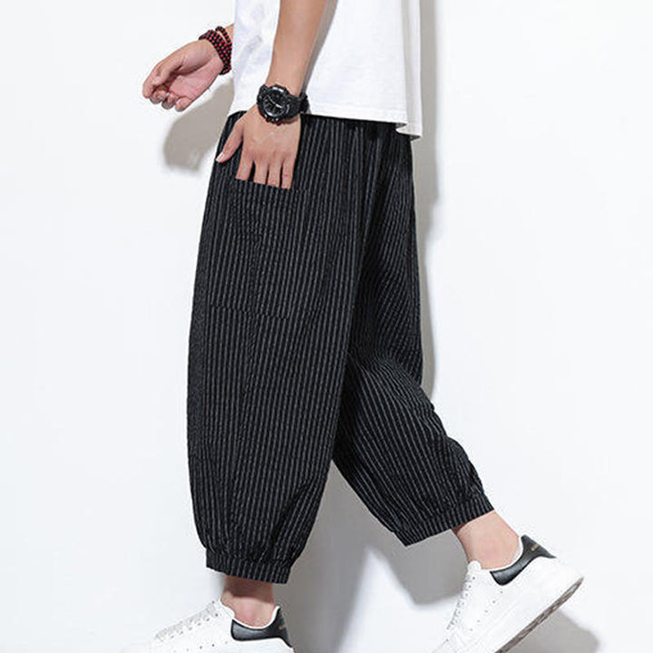 Pantalones harén de algodón a rayas para hombre, estilo casual, de Buddha Stones, con bolsillos, de largo 7-8 - Negro - US/UK/AU46, EU56 (5XL) - image 30