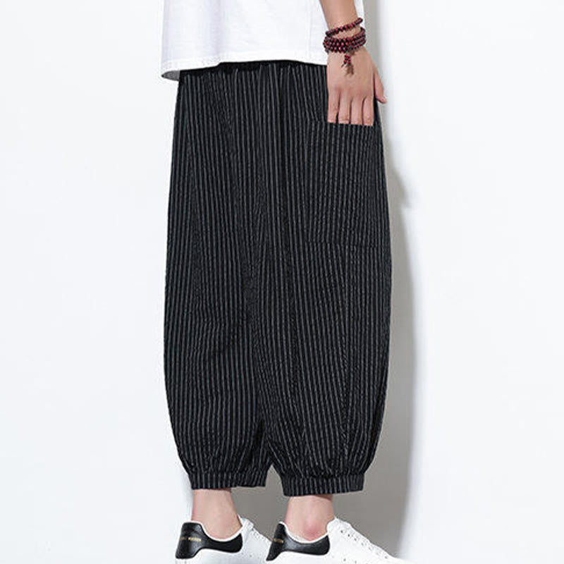 Pantalones harén de algodón a rayas para hombre, estilo casual, de Buddha Stones, con bolsillos, de largo 7-8 - image 34