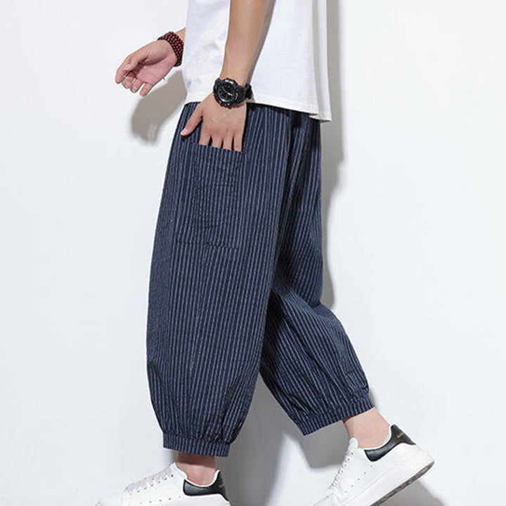 Pantalones harén de algodón a rayas para hombre, estilo casual, de Buddha Stones, con bolsillos, de largo 7-8 - image 47