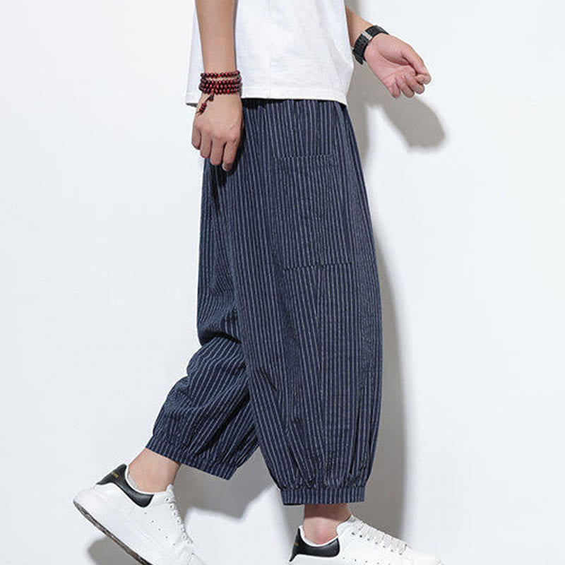Pantalones harén de algodón a rayas para hombre, estilo casual, de Buddha Stones, con bolsillos, de largo 7-8 - image 43
