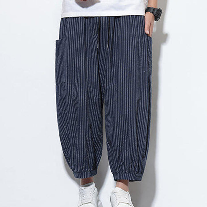 Pantalones harén de algodón a rayas para hombre, estilo casual, de Buddha Stones, con bolsillos, de largo 7-8 - image 39