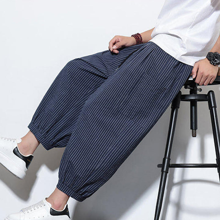 Pantalones harén de algodón a rayas para hombre, estilo casual, de Buddha Stones, con bolsillos, de largo 7-8 - image 46