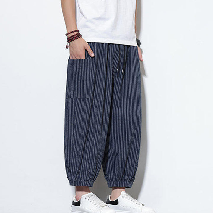 Pantalones harén de algodón a rayas para hombre, estilo casual, de Buddha Stones, con bolsillos, de largo 7-8 - image 41