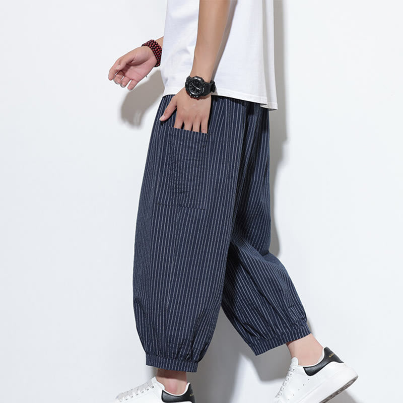 Pantalones harén de algodón a rayas para hombre, estilo casual, de Buddha Stones, con bolsillos, de largo 7-8 - Azul oscuro - US/UK/AU46, EU56 (5XL) - image 38