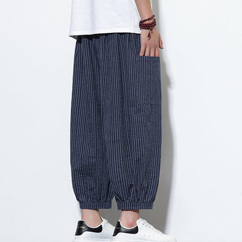 Pantalones harén de algodón a rayas para hombre, estilo casual, de Buddha Stones, con bolsillos, de largo 7-8 - image 41