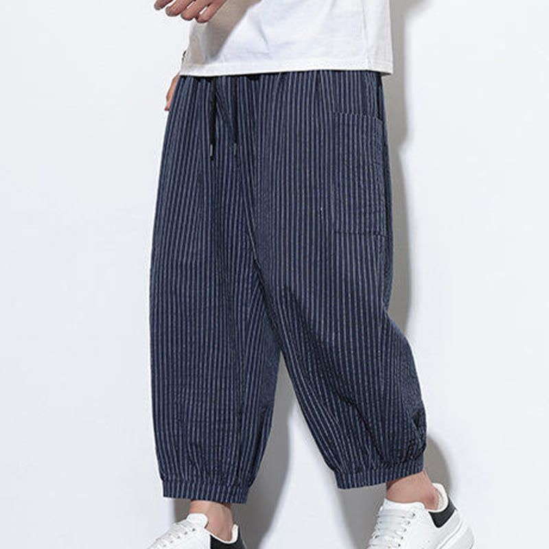 Pantalones harén de algodón a rayas para hombre, estilo casual, de Buddha Stones, con bolsillos, de largo 7-8 - image 42