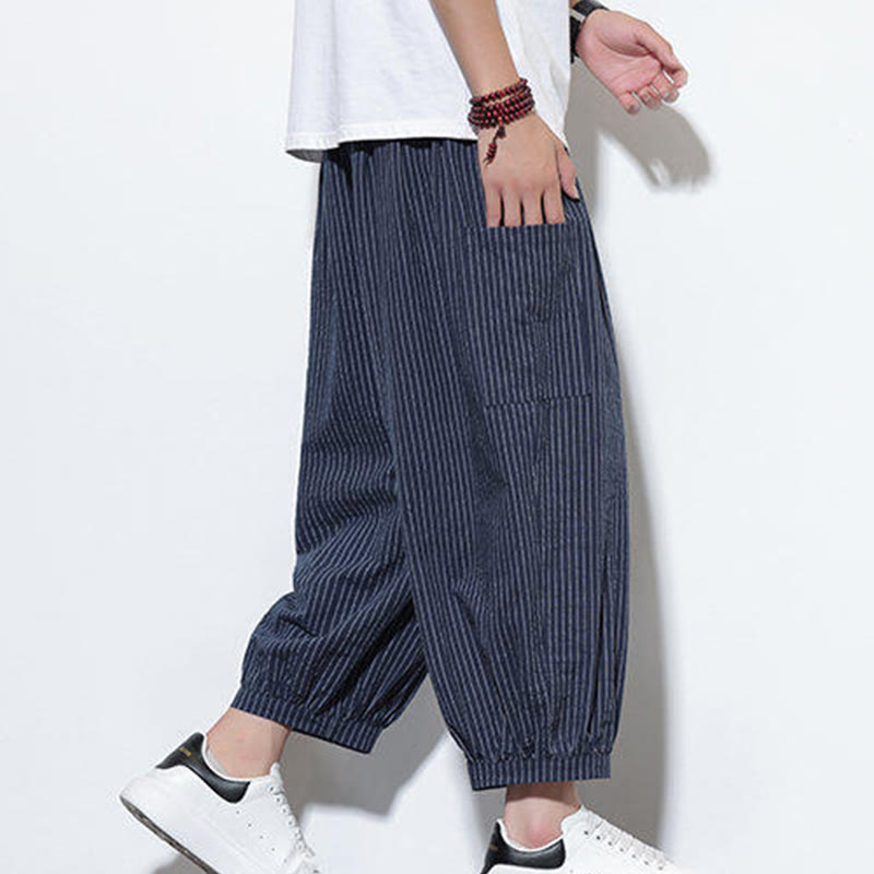 Pantalones harén de algodón a rayas para hombre, estilo casual, de Buddha Stones, con bolsillos, de largo 7-8 - image 39