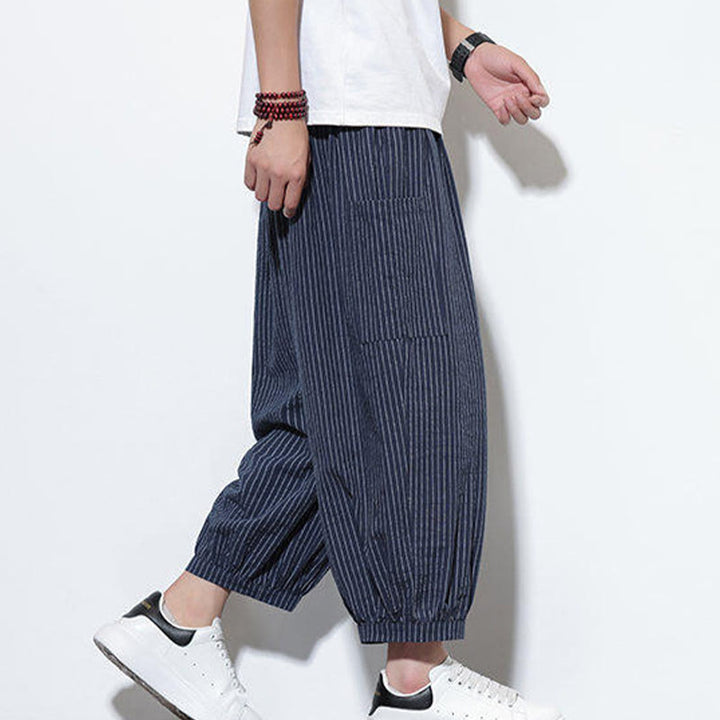 Pantalones harén de algodón a rayas para hombre, estilo casual, de Buddha Stones, con bolsillos, de largo 7-8 - image 44