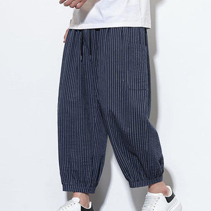 Pantalones harén de algodón a rayas para hombre, estilo casual, de Buddha Stones, con bolsillos, de largo 7-8 - image 43