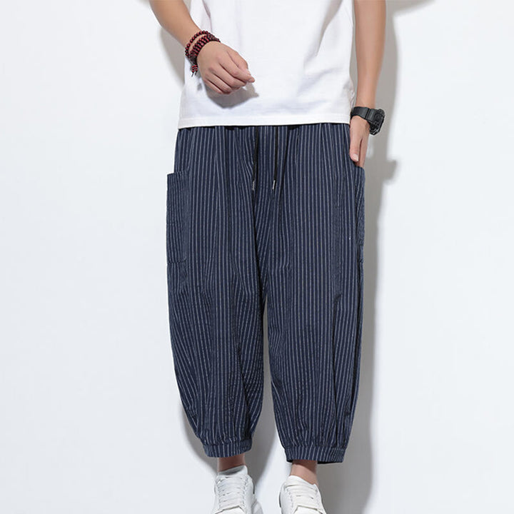 Pantalones harén de algodón a rayas para hombre, estilo casual, de Buddha Stones, con bolsillos, de largo 7-8 - image 45