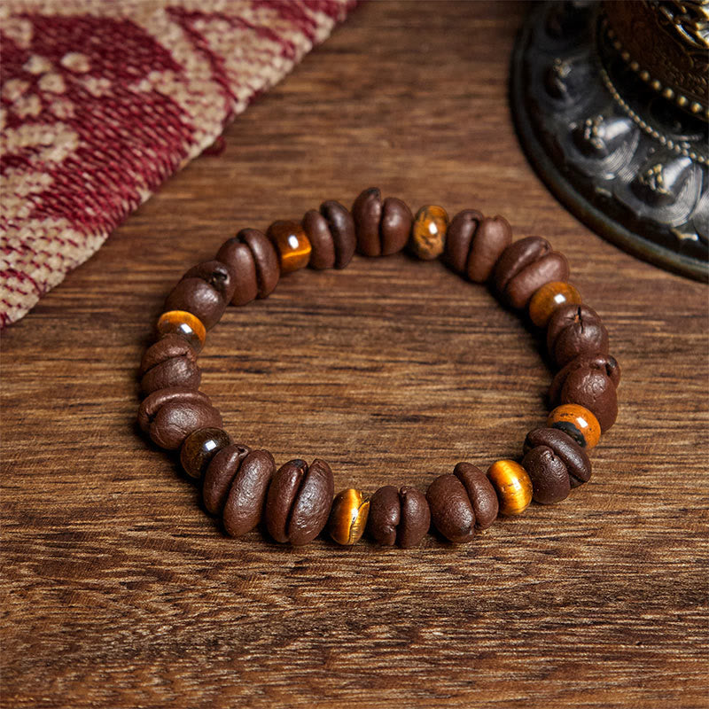 Pulsera de cuentas de roca de lava con jaspe gris y granos de café naturales de Buddha Stones - Grano de café y ojo de tigre (circunferencia de la muñeca: 16 cm) - image 1