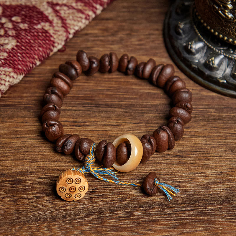 Pulsera de semillas de bodhi de madera de wengué con semillas de loto natural y granos de café de Buddha Stones - Grano de café (circunferencia de la muñeca: 17,5 cm) - image 1