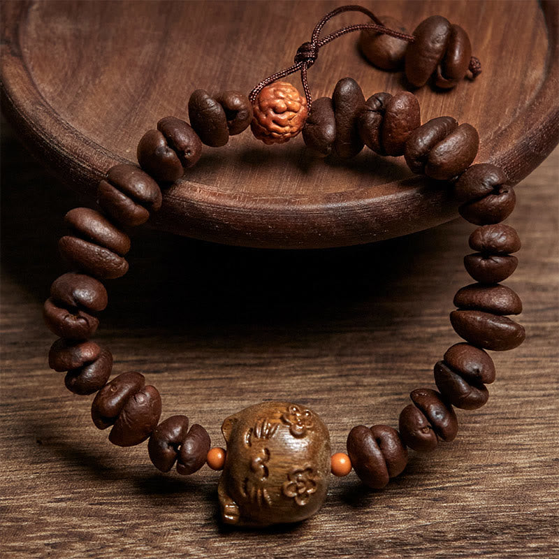 Pulsera de sándalo con granos de café auténticos y gato de la suerte hecha a mano con Buddha Stones - image 2