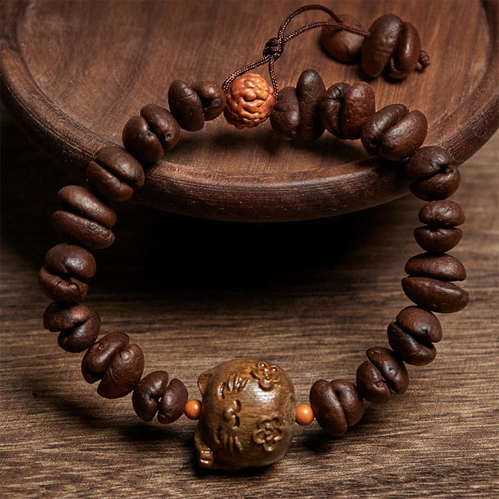 Pulsera de sándalo con granos de café auténticos y gato de la suerte hecha a mano con Buddha Stones - image 2