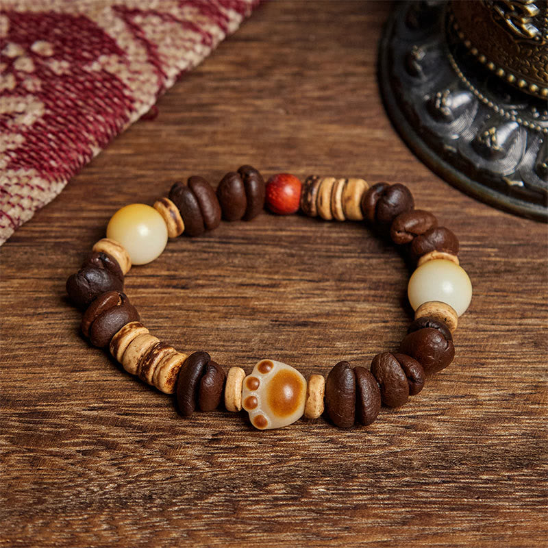 Pulsera de semillas de bodhi con granos de café y pata de gato hecha a mano con Buddha Stones - Grano de café (circunferencia de la muñeca: 16 cm) - image 1