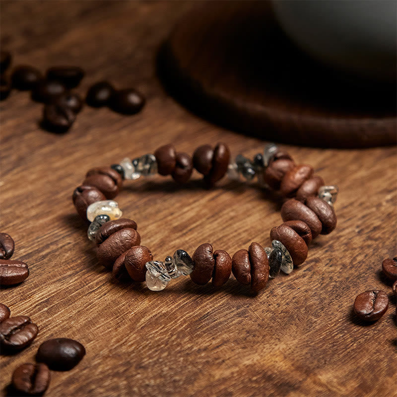 Pulsera de Buddha Stones con granos de café naturales, obsidiana negra y cuarzo rutilado. - image 9