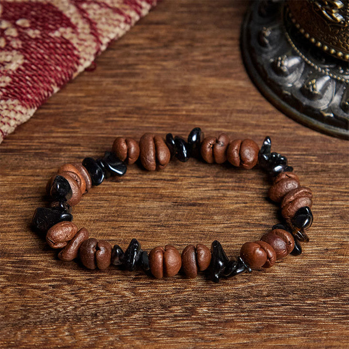 Pulsera de Buddha Stones con granos de café naturales, obsidiana negra y cuarzo rutilado. - Obsidiana negra (circunferencia de la muñeca: 17,5 cm) - image 1